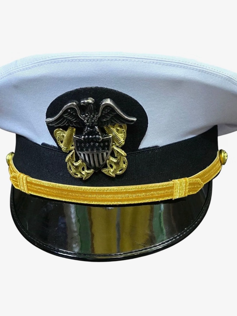 USA Navy Hat white cotton removeable gold chin strap metal insignia 58